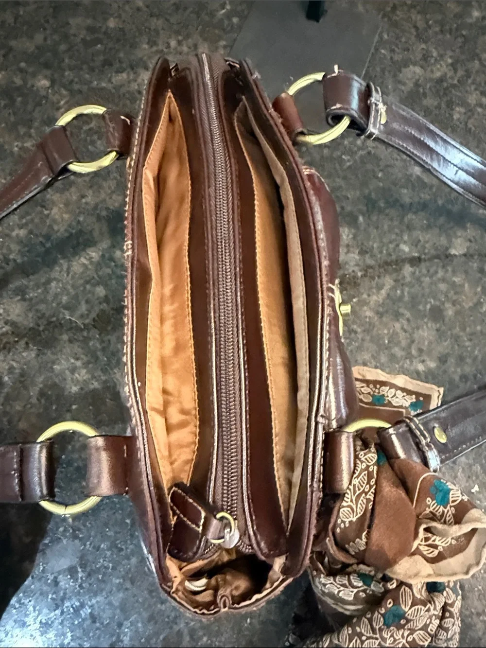 Vintage Apt. 9 Glossy Brown Dome Satchel Bag with Vintage Scarf Accent